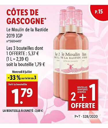 côtes de gascogne le moulin de la bastide 2+1 offerte