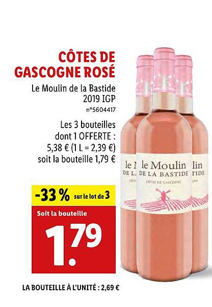 côtes de gascogne rosé le moulin de la bastide -33% sur le lot de 3