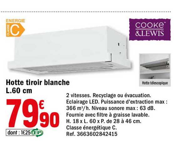 hotte tiroir blanche l.60 cm cooke&lewis
