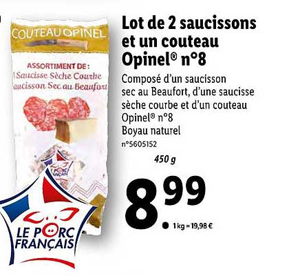 lot de 2 saucissons et un couteau opinel n°8