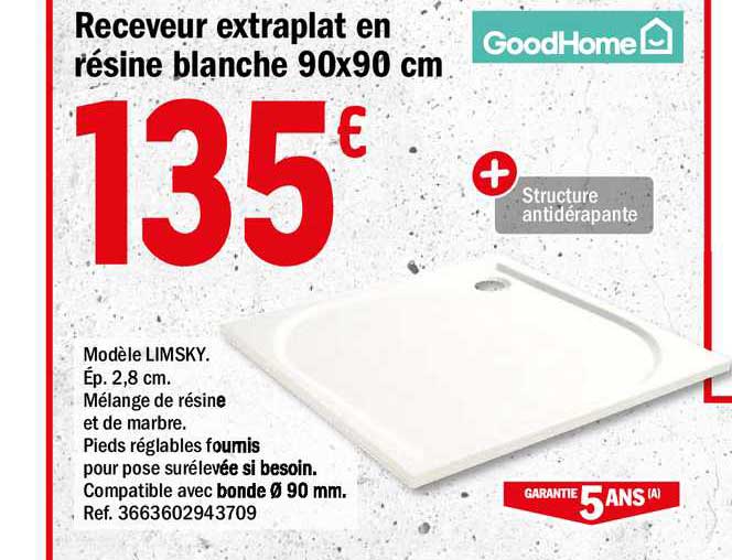receveur extraplat en résine blanche 90x90 cm goodhome