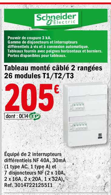 tableau monté câblé 2 rangées 26 modules t1 t2 t3 schneider electric