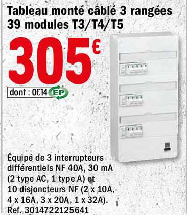 tableau monté câblé 3 rangées 39 modules t3 t4 t5