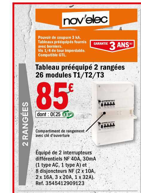tableau pééquipé 2 rangées 26 modules t1 t2 t3 nov'elec