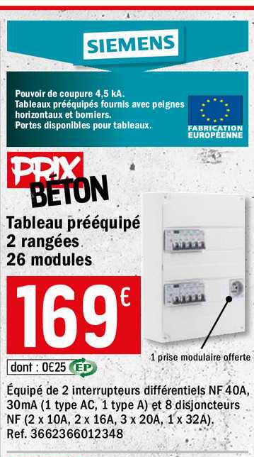 tableau prééquipé 2 rangées 26 modules siemens