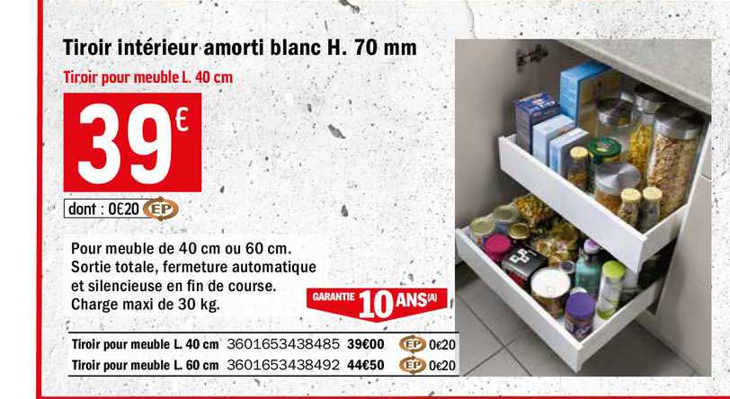 tiroir intérieur amorti blanc h. 70 mm