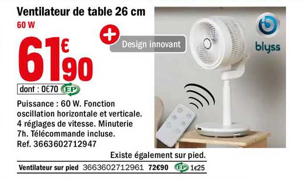 ventilateur de table 26 cm blyss