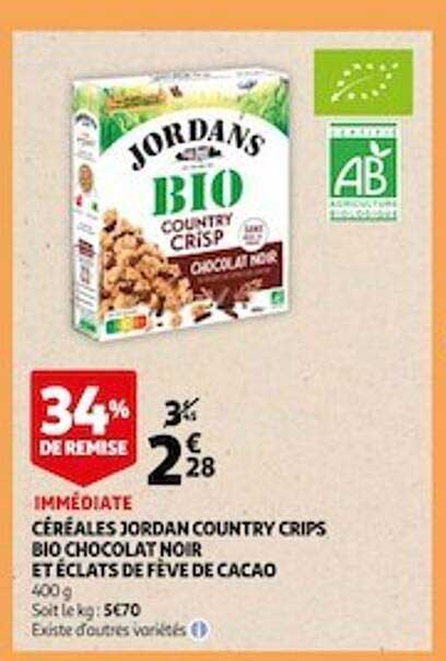 céréales jordan country crips bio chocolat noir et éclats de fève de cacao