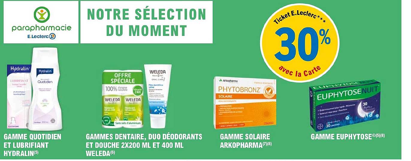 gamme quotidien et lubrifiant hydralin, gamme dentaire, duo déodorants et douche 2 x 200ml et 400ml weleda, gamme solaire arkopharma, gamme euphytose