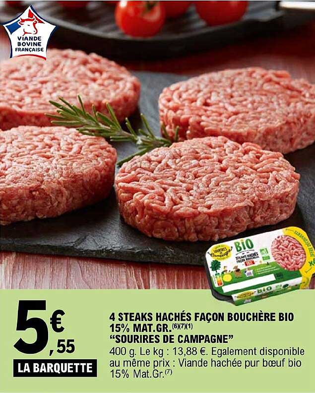 4 steaks hachés façon bouchère bio 15% mat.gr. "sourires de campagne"