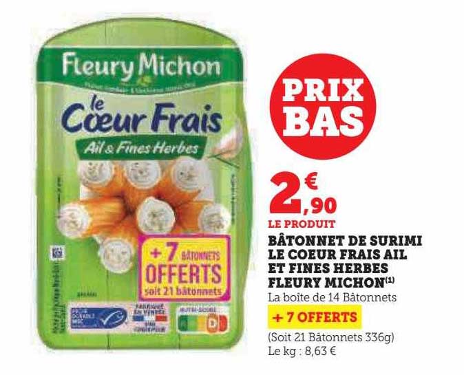 Bâtonnet De Surimi Le Cœur Frais Ail Et Fines Herbes Fleury Michon