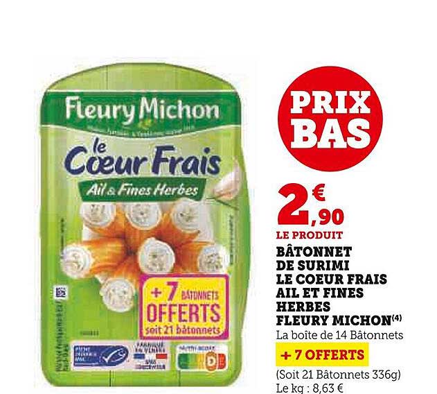 bâtonnet de surimi le cœur frais ail et fines herbes fleury michon