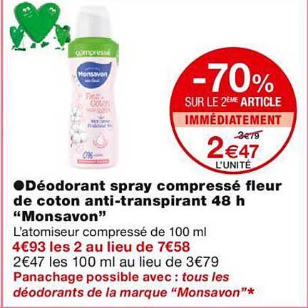 déodorant spray compressé fleur de coton anti-transpirant 48 h "monsavon"