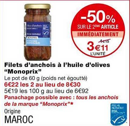 filets d'anchois à l'huile d'olives "monoprix"