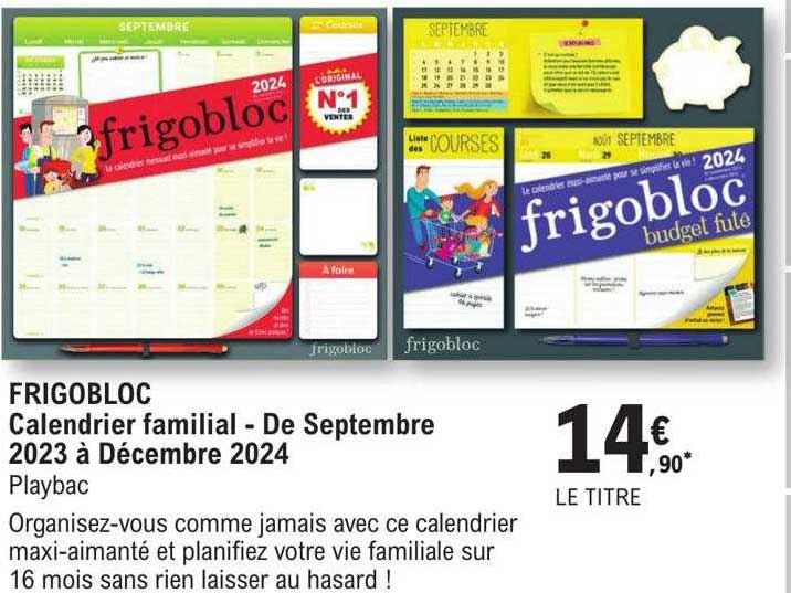 frigobloc - calendrier familial - de septembre 2023 à décembre 2024 - playbac