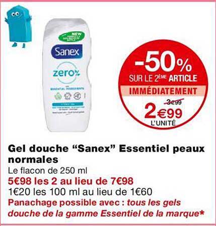gel douche "sanex" essentiel peaux normales