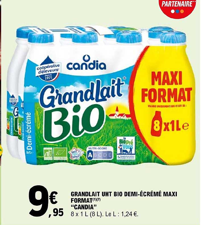 grand lait uht bio demi-écrémé maxi format "candia"