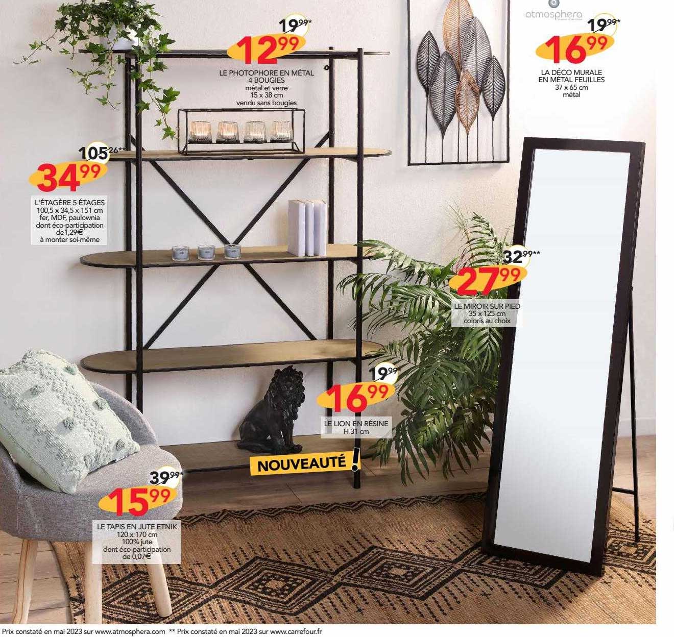 l'étagère 5 étages, le tapis en jute etnic, le lion en résine, le miroir sur pied, la déco murale en métal feuilles, le photophore en métal 4 bougies