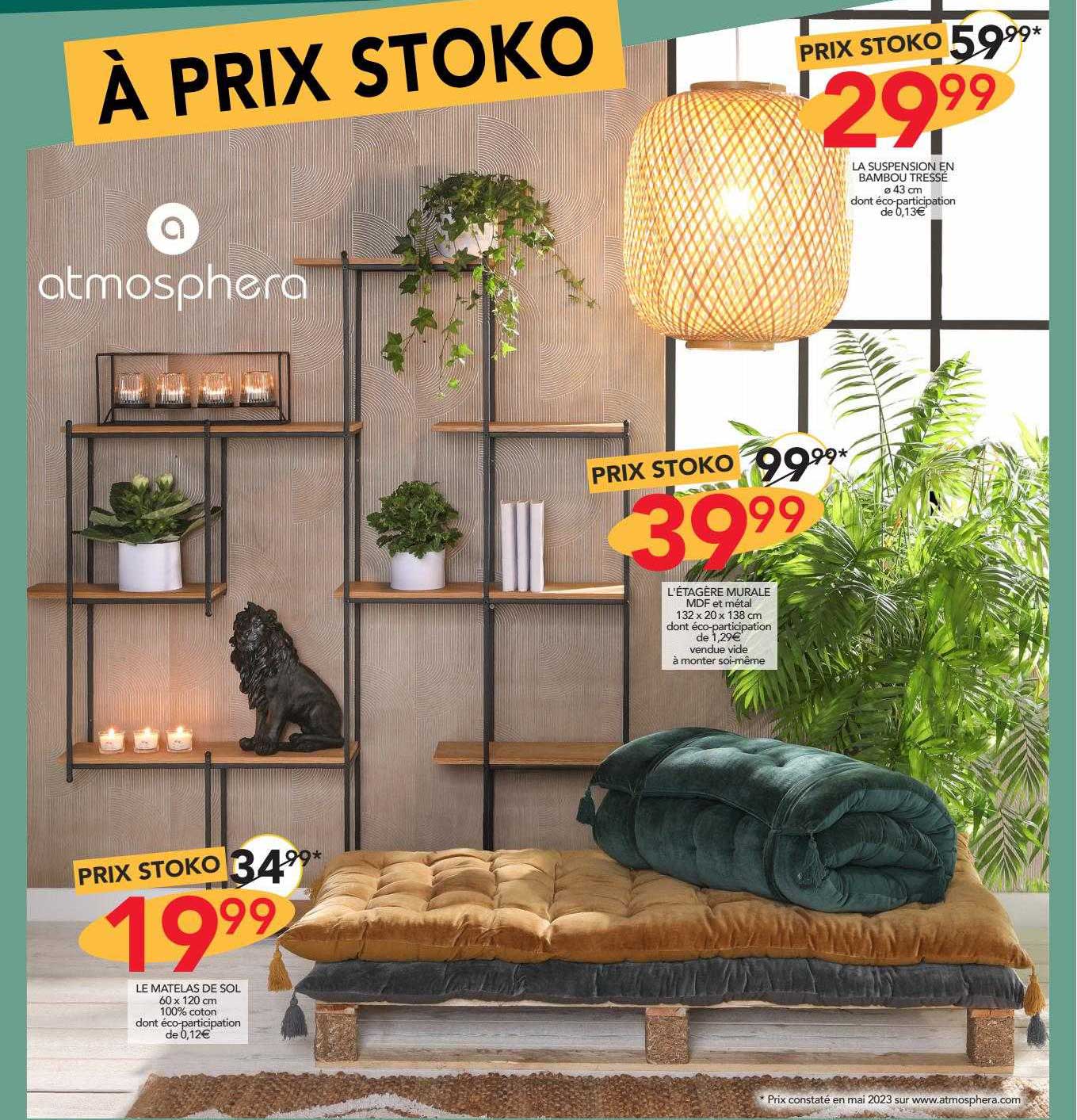 la matelas de sol, l'étagère murale mdf, la suspension en bambou tressé