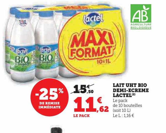lait uht bio demi-écrémé lactel