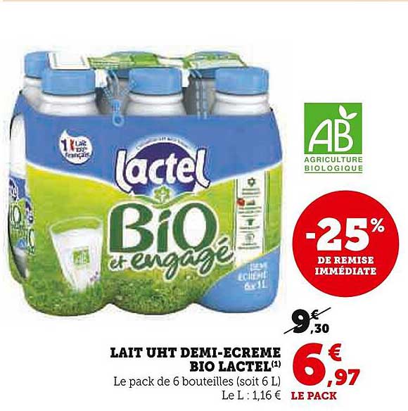 lait uht demi-écrémé bio lactel