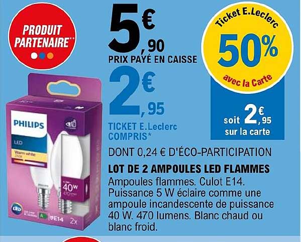 lot de 2 ampoules led flammes philips