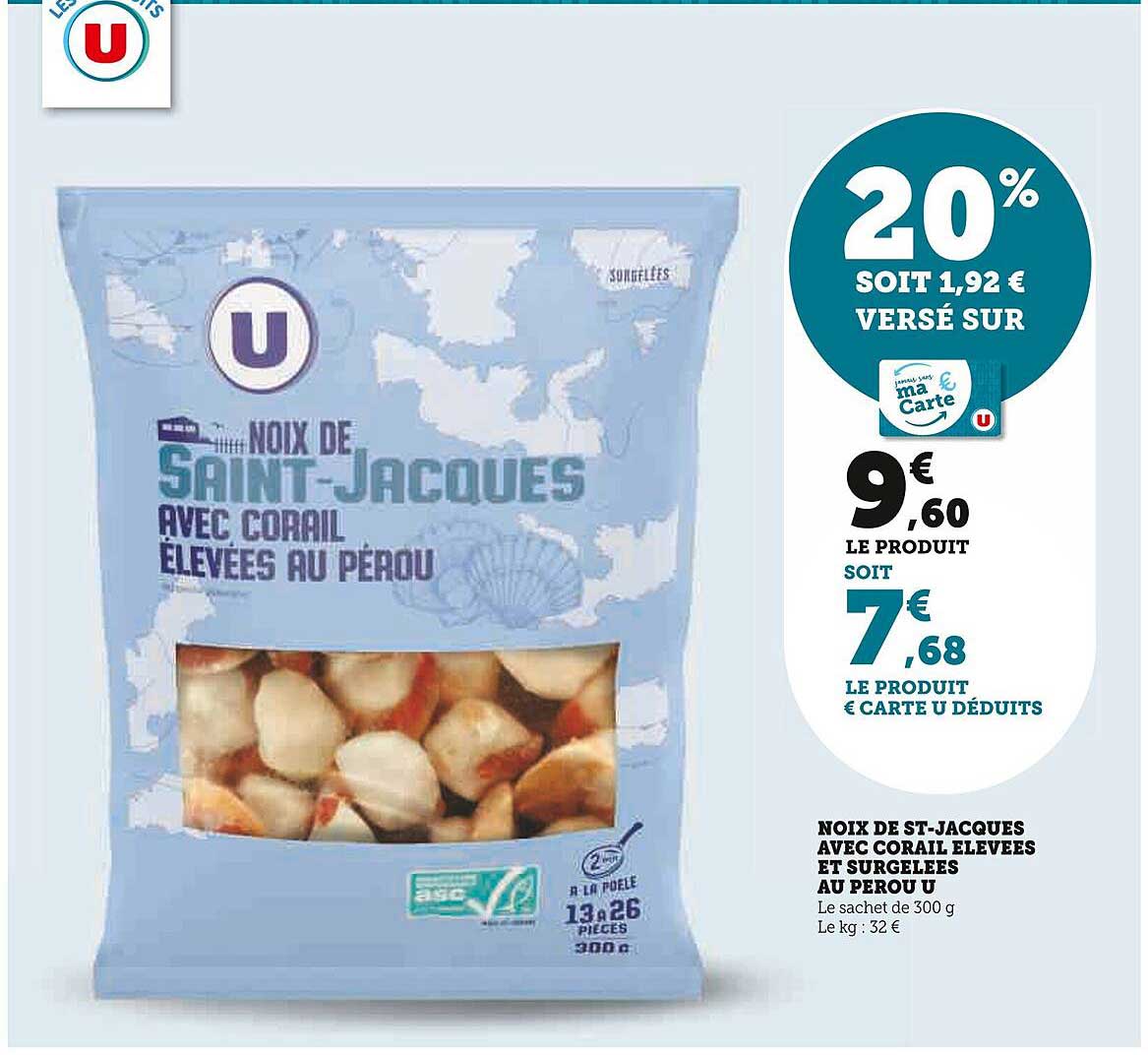 noix de st-jacques avec corail élevée et surgelées au perou u