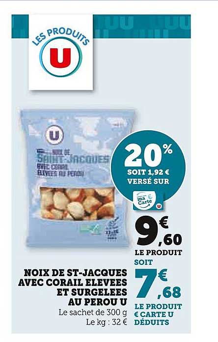 noix de st-jacques avec corail élevées et surgelées au perou u