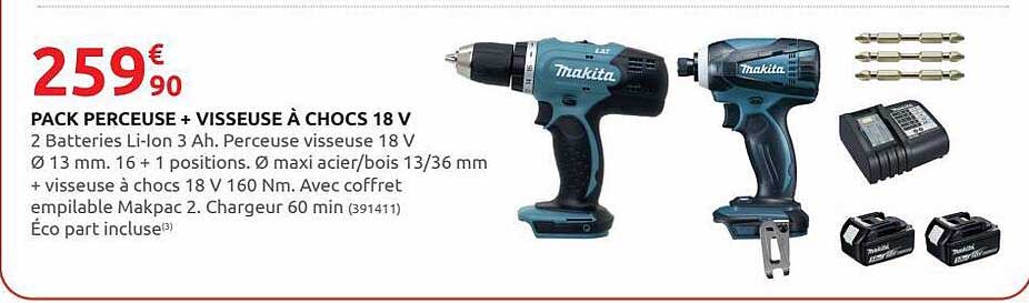 pack perceuse + visseuse à chocs 18 v makita