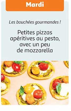 petites pizzas apéritives au pesto, avec un peu de mozzarella