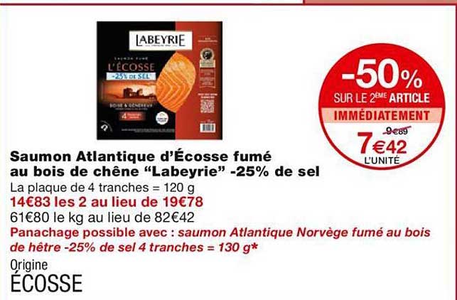 saumon atlantique d'écosse fumé au bois de chêne "labeyrie" -25% de sel