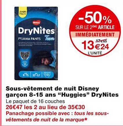 sous-vêtement de nuit disney garçon 8-15 ans "huggies" dryNites