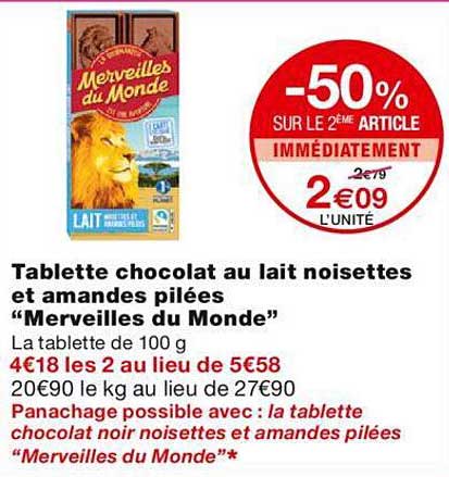 tablette chocolat au lait noisettes et amandes pilées "merveilles du monde"