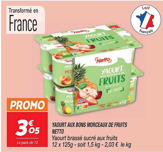 yaourt aux bons morceaux de fruits netto, yaourt brassé sucré aux fruits