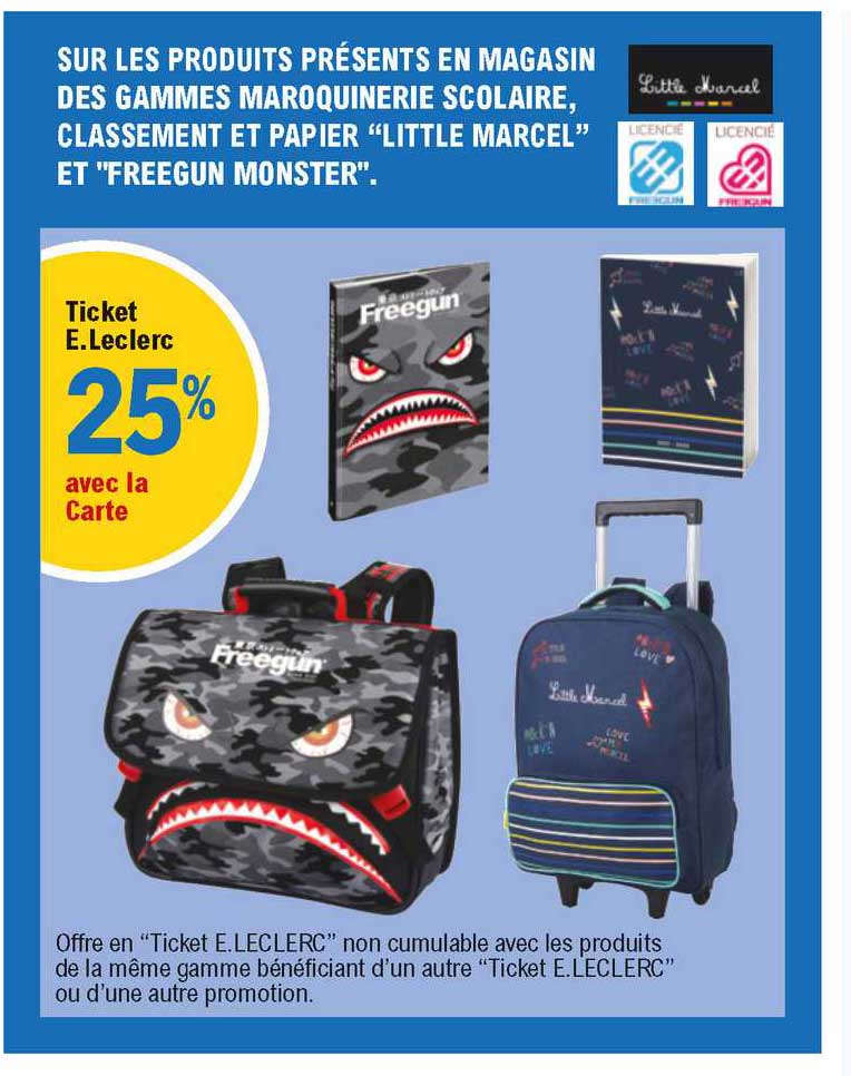 gammes maroquinerie scolaire, classement et papier "little marcel" et "freegun monster"