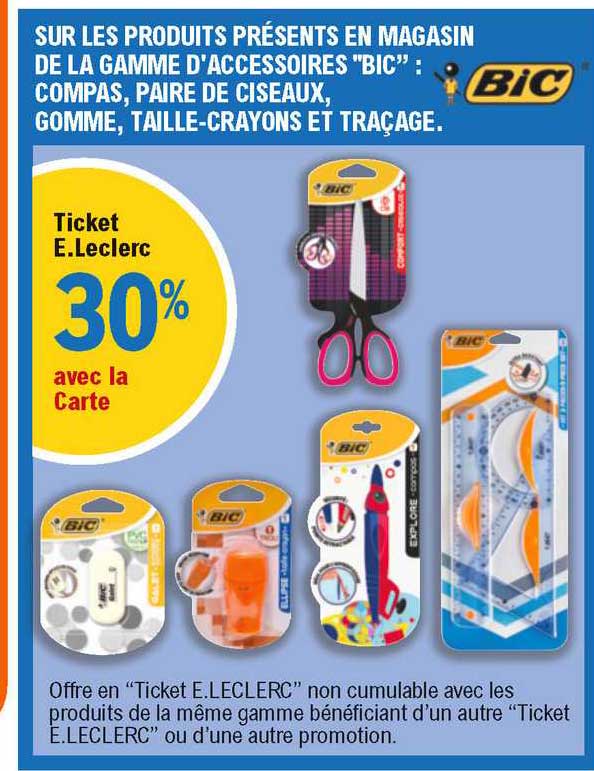 la gamme d'accessoires "bic" : compas, paire de ciseaux, gomme, taille-crayons et traçage