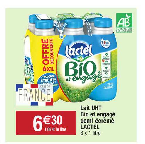 lait uht bio et engagé demi-écrémé lactel