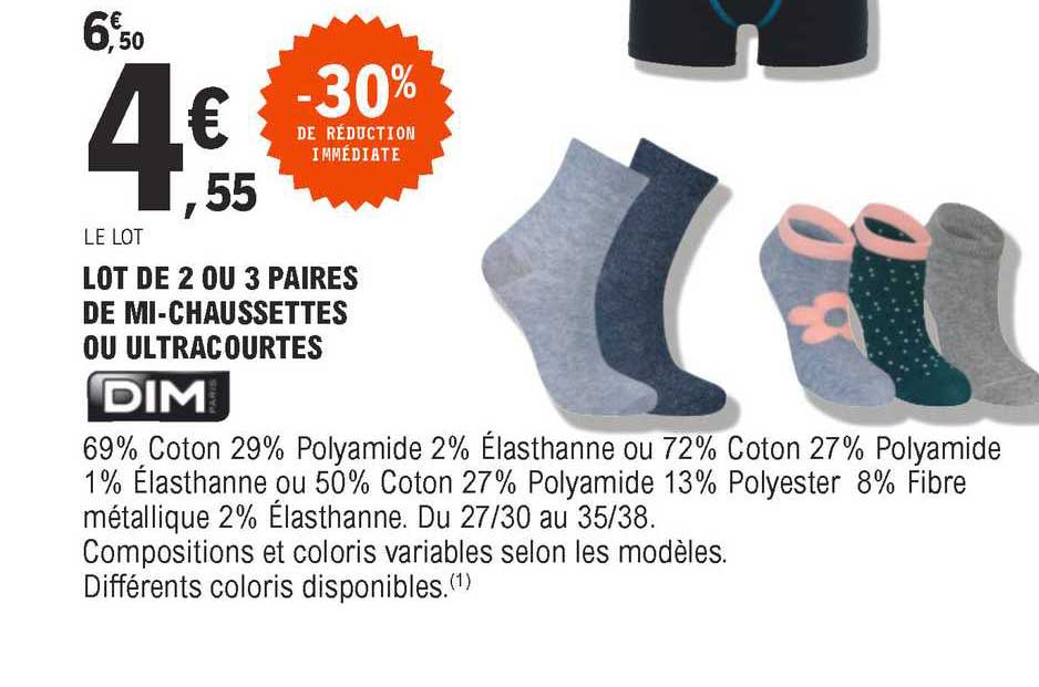 Lot De 2 Ou 3 Paires De Mi-chaussettes Ou Ultracourtes Dim