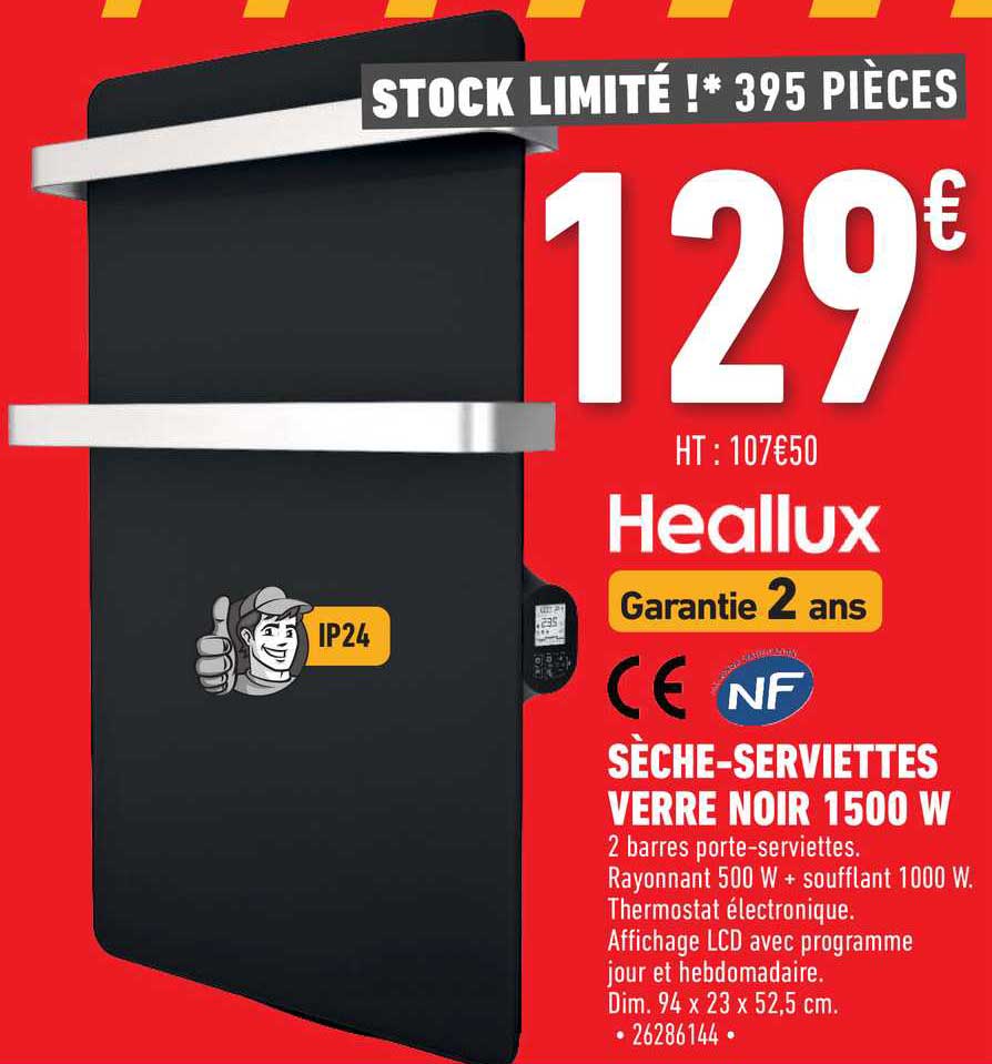 sèche-serviettes verre noir 1500 w heallux