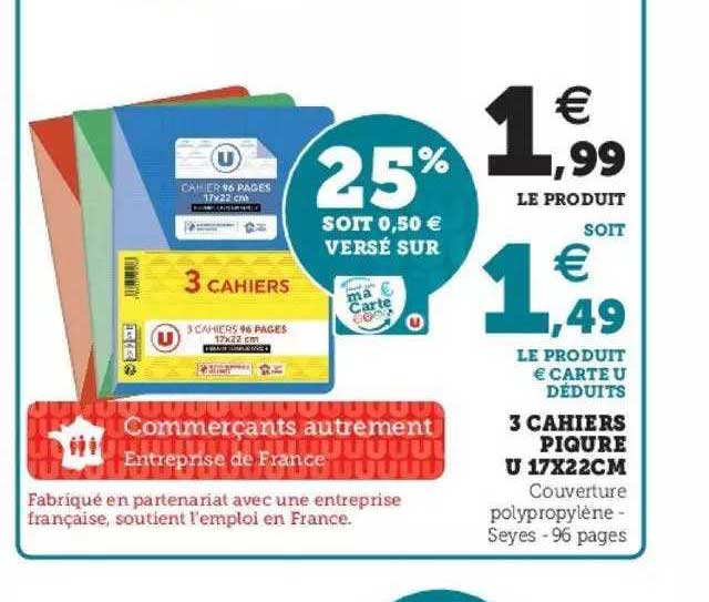 3 Cahiers Piqure U 17 X 22 Cm
