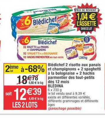 blédichef 2 risotto aux panais et chamignons + 2 spaghetti à la bolognaise + 2 hachis parmentier des tout-petits dès 12 mois blédina