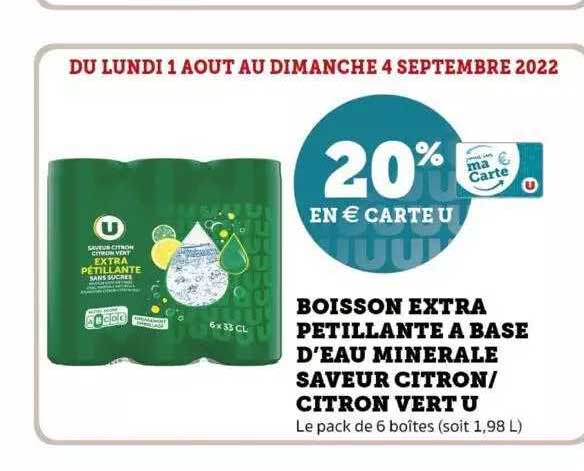 boisson extra pétillante à base d'eau minérale saveur citron-citron vert u