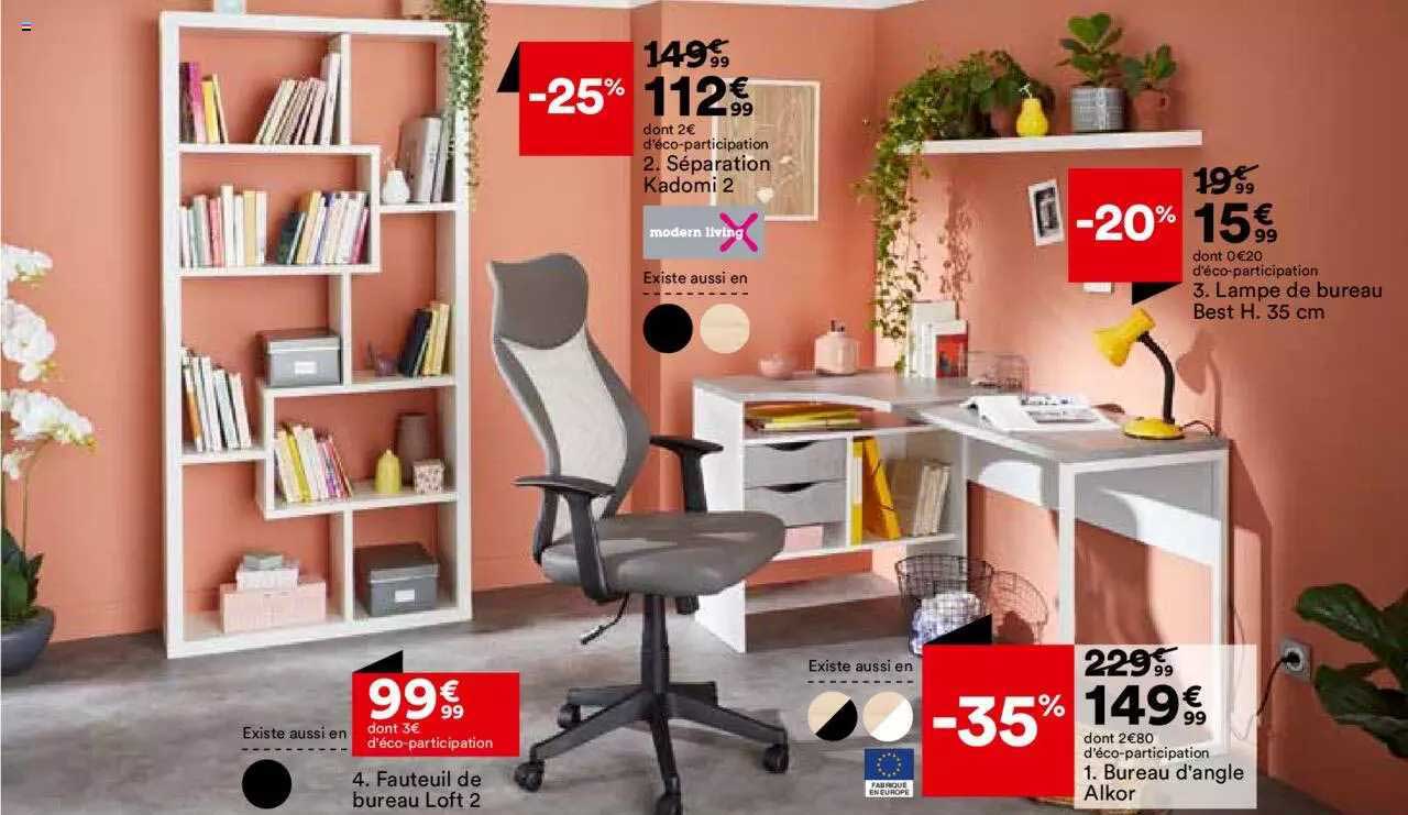 bureau d'angle alkor, séparation kadomi 2 modern living, lampe de bureau best h. 35 cm, fauteuil se bureau loft 2