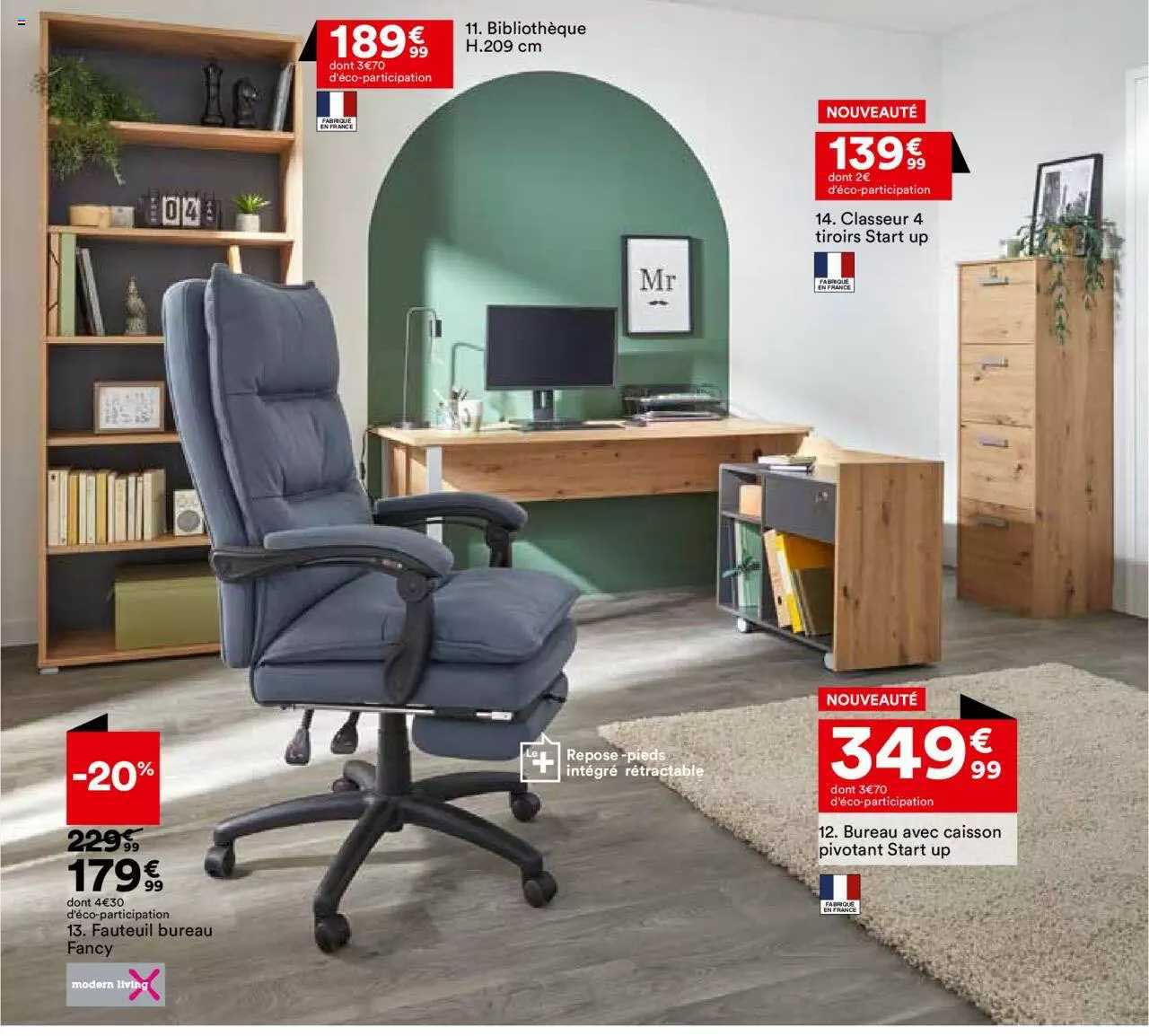 fauteuil bureau fancy modern living, bibliothèque h. 209 cm, classeur 4 tiroirs start up, bureau avec caisson pivotant start up