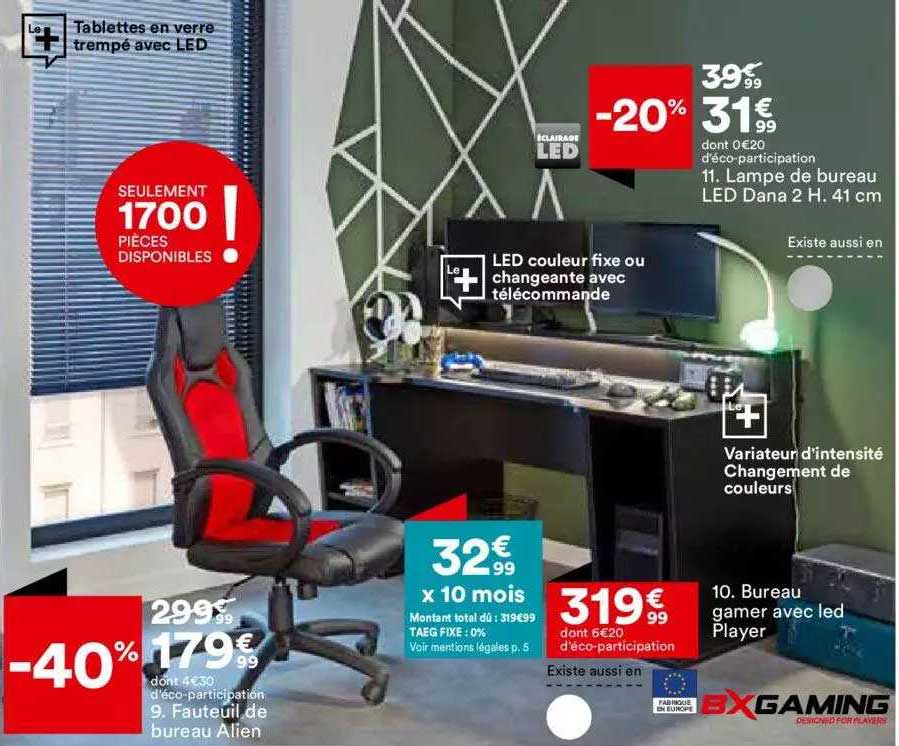 fauteuil de bureau alien, lampe de bureau led dana h. 41 cm, bureau gamer avec led player bxgaming