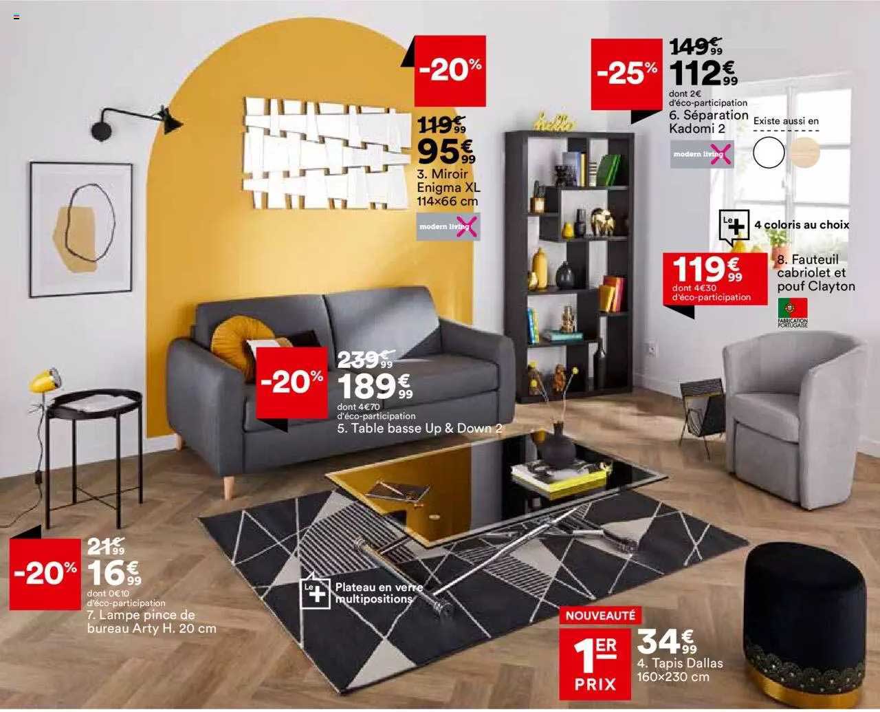 lampe pince de bureau arty h. 20 cm, table basse up & down 2, tapis dallas 160 x 230 cm, séparation kadomi 2, fauteuil cabriolet et pouf clayton