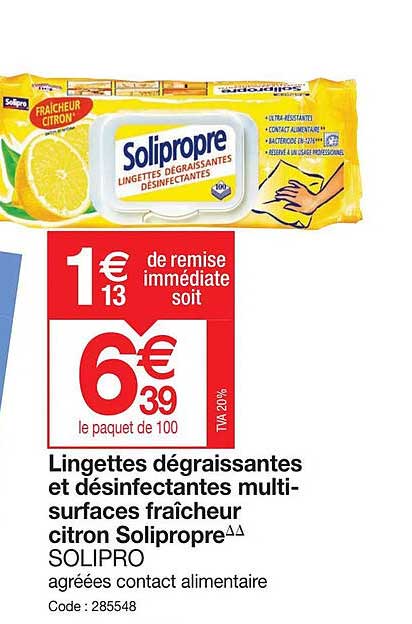 lingettes dégraissantes et désinfectantes multisurfaces fraîcheur citron solipropre solipro