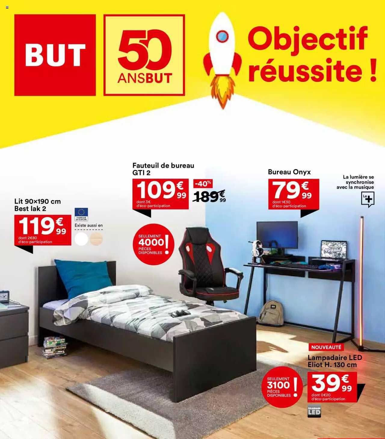 lit 90x190 cm best lak2, feuteuil de bureau gti2, bureau onyx, lampadaire led eliot h.130cm