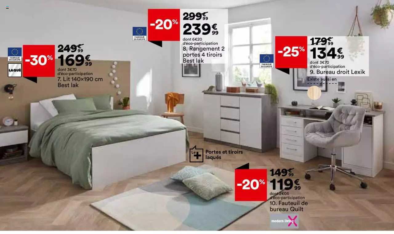 lit best lak, rangement 2 portes 4 tiroirs best lak, bureau droit lexik, fauteuil de bureau quilt