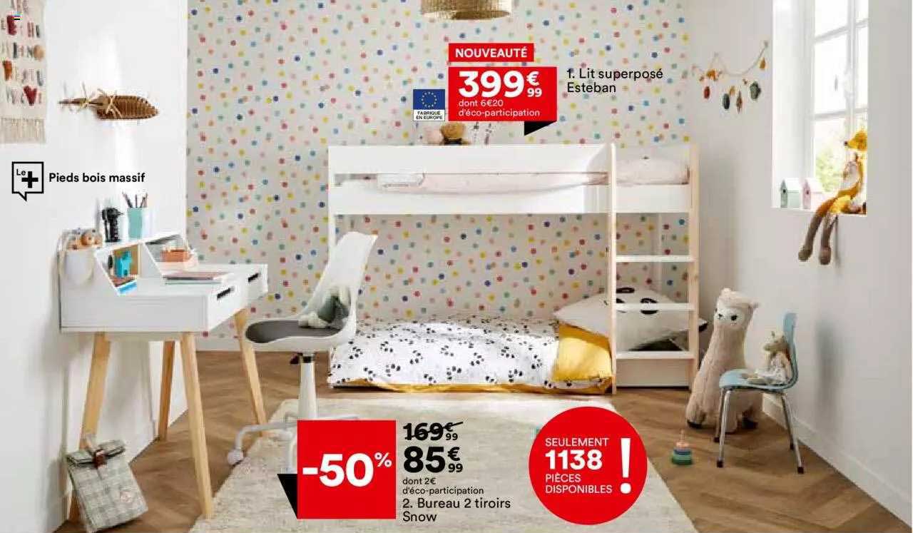 lit superposé esteban, bureau 2 tiroirs snow